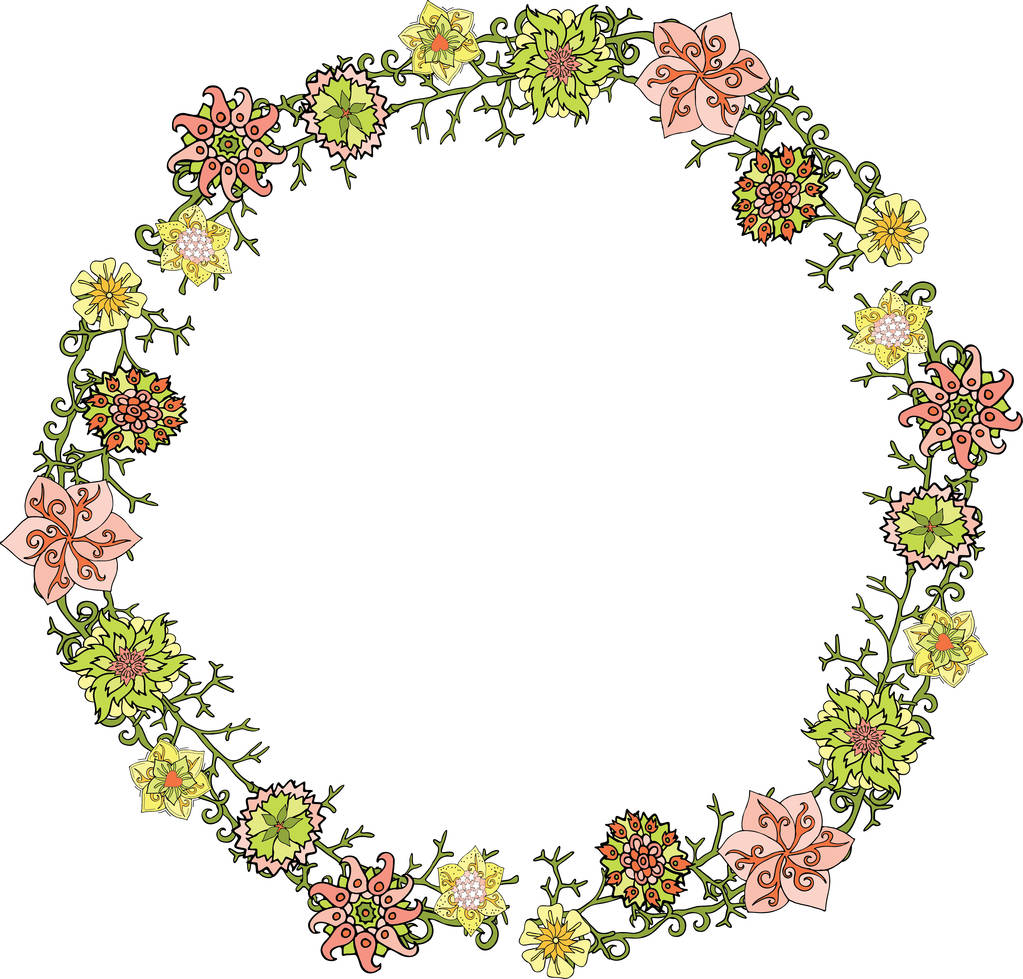 Beautiful wreath with green pink and yellow flowers on white background - Vector, Image