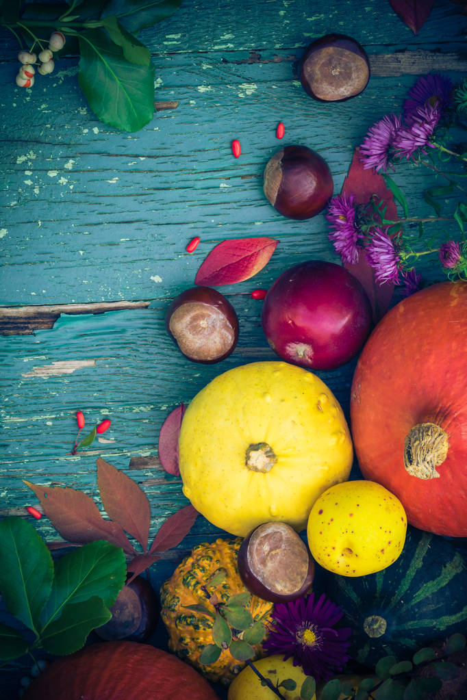 Осенний фон с фруктами и сезонными культурами
 - Фото, изображение