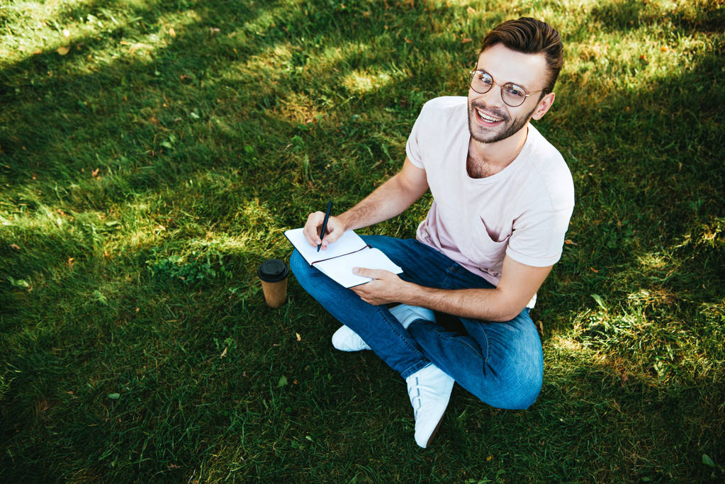vue grand angle de sourire bel homme prenant des notes sur l'herbe verte dans le parc et regardant la caméra
 - Photo, image