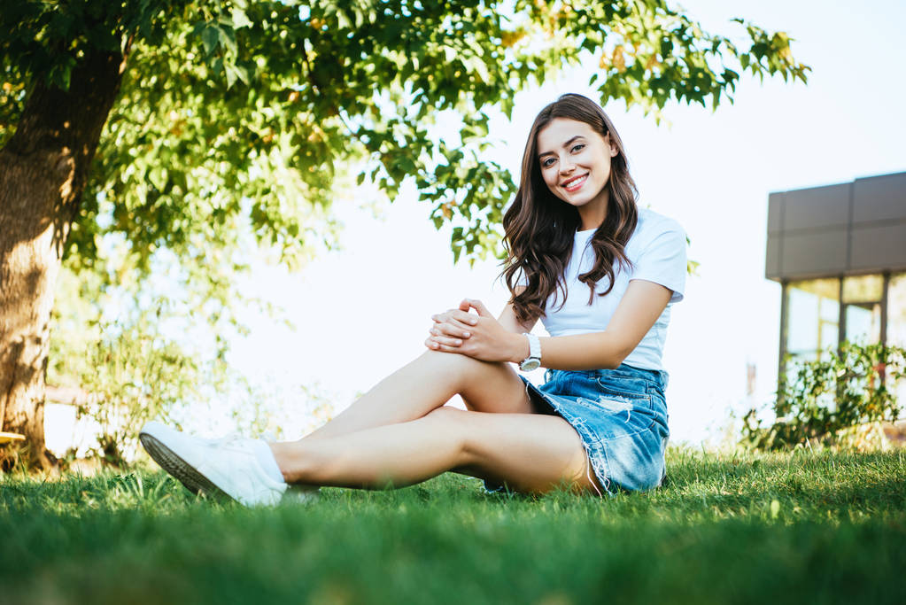 uśmiechający się piękna dziewczyna siedzi na zielonej trawie w parku i patrząc na kamery - Zdjęcie, obraz
