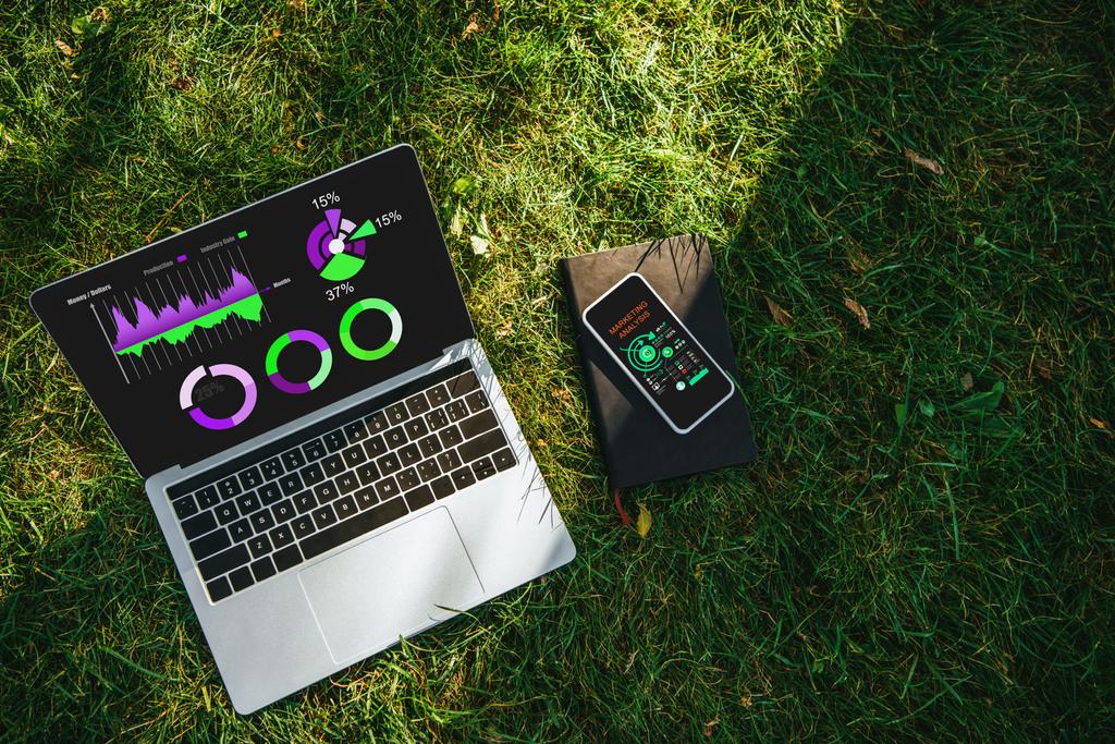 Draufsicht auf Gadgets mit Marketinganalysegeräten auf grünem Gras im Park - Foto, Bild