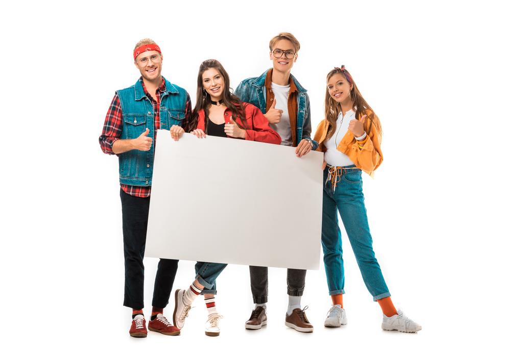 stylish hipster friends showing thumbs up and holding blank banner isolated on white - Photo, Image