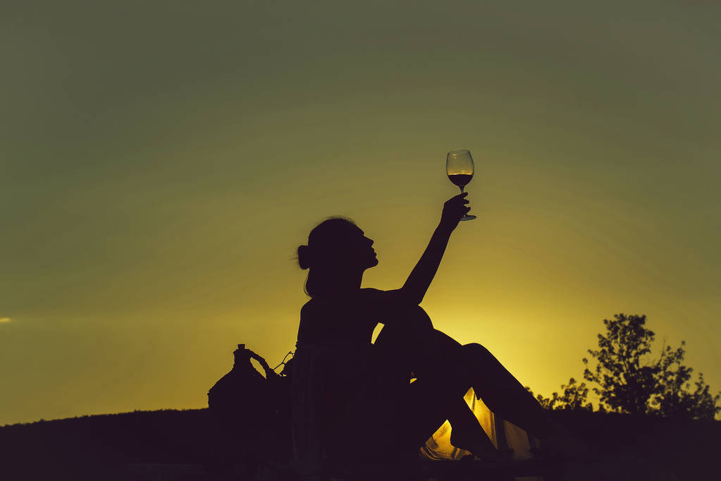 Silueta dívka s vínem - Fotografie, Obrázek