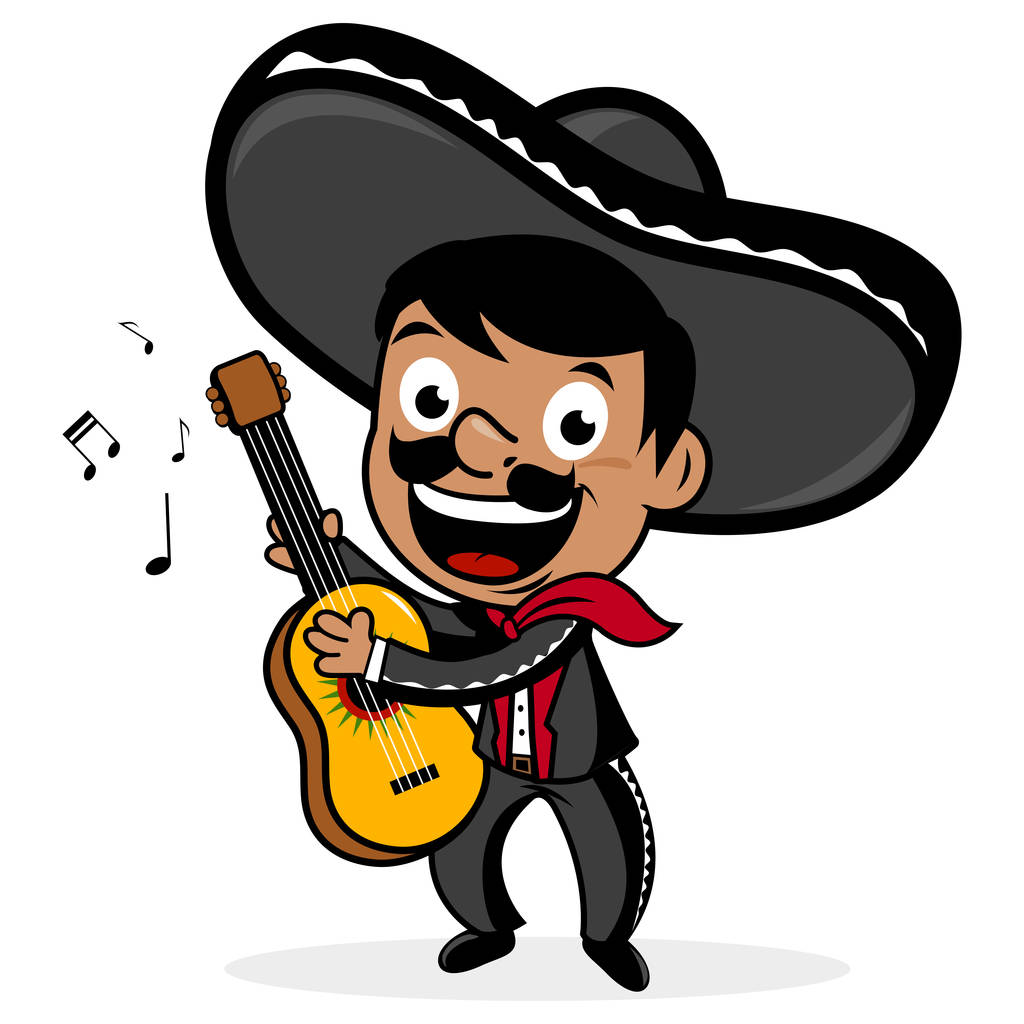 Meksykański mariachi człowiek ubrany sombrero, uśmiechając się, śpiewa i gra na gitarze. - Wektor, obraz