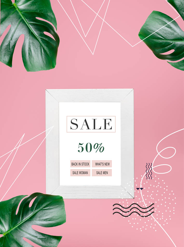 pizarra de compras con 50 por ciento de venta aislado en rosa con hojas de monstera tropical
 - Foto, imagen