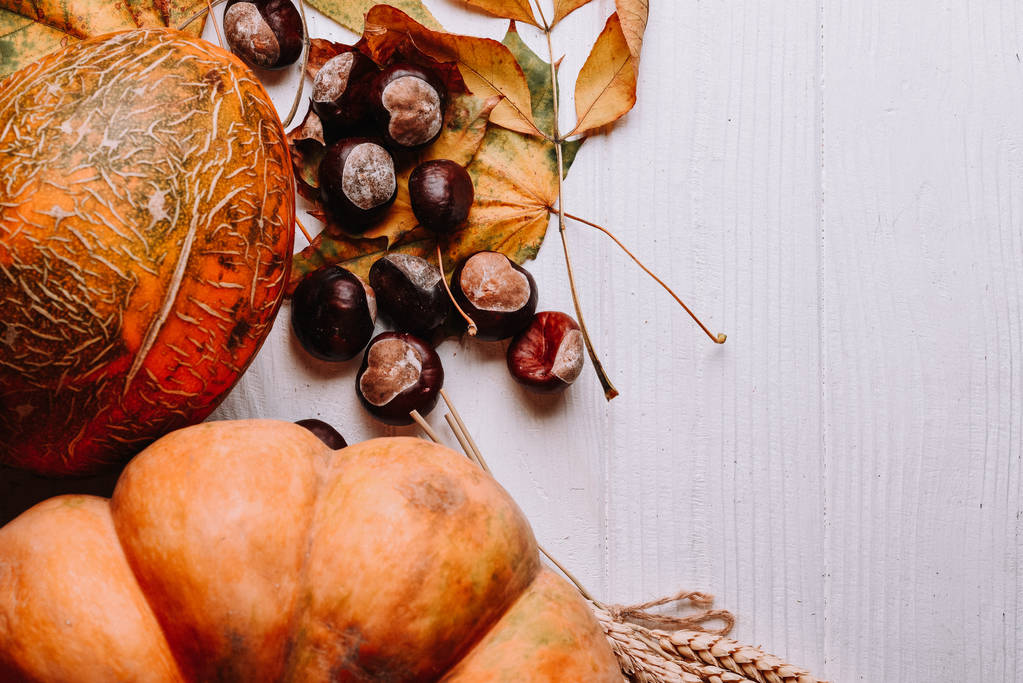 秋オレンジ組成、カボチャ、馬栗の葉とテーブルと木製の表面 - 写真・画像
