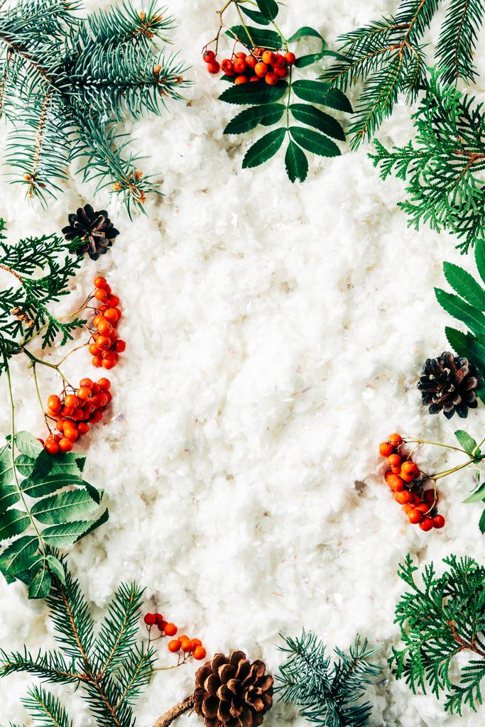 flat lay with winter arrangement of pine tree branches, cones and sea buckthorn on white cotton wool backdrop - Photo, Image