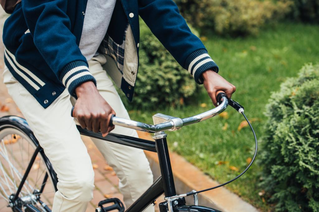 vue recadrée de l'homme afro-américain à vélo dans le parc
  - Photo, image