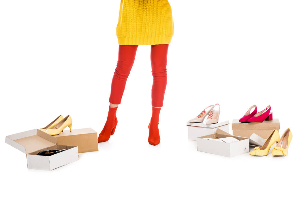 cropped view of shopaholic isolated on white with footwear boxes - Photo, Image