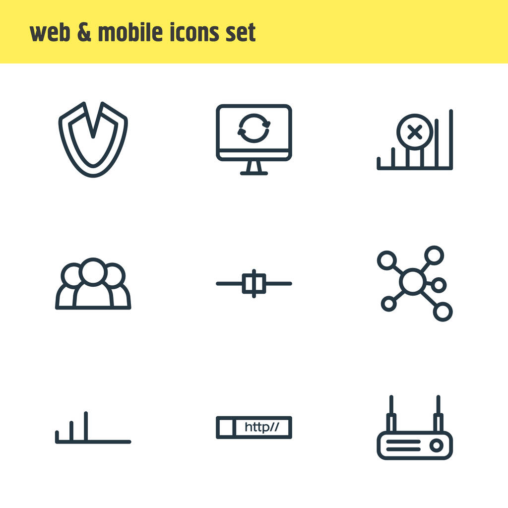 Illustrazione vettoriale di 9 icone internet stile linea. Set modificabile di condivisione, internet, software e altri elementi icona
. - Vettoriali, immagini