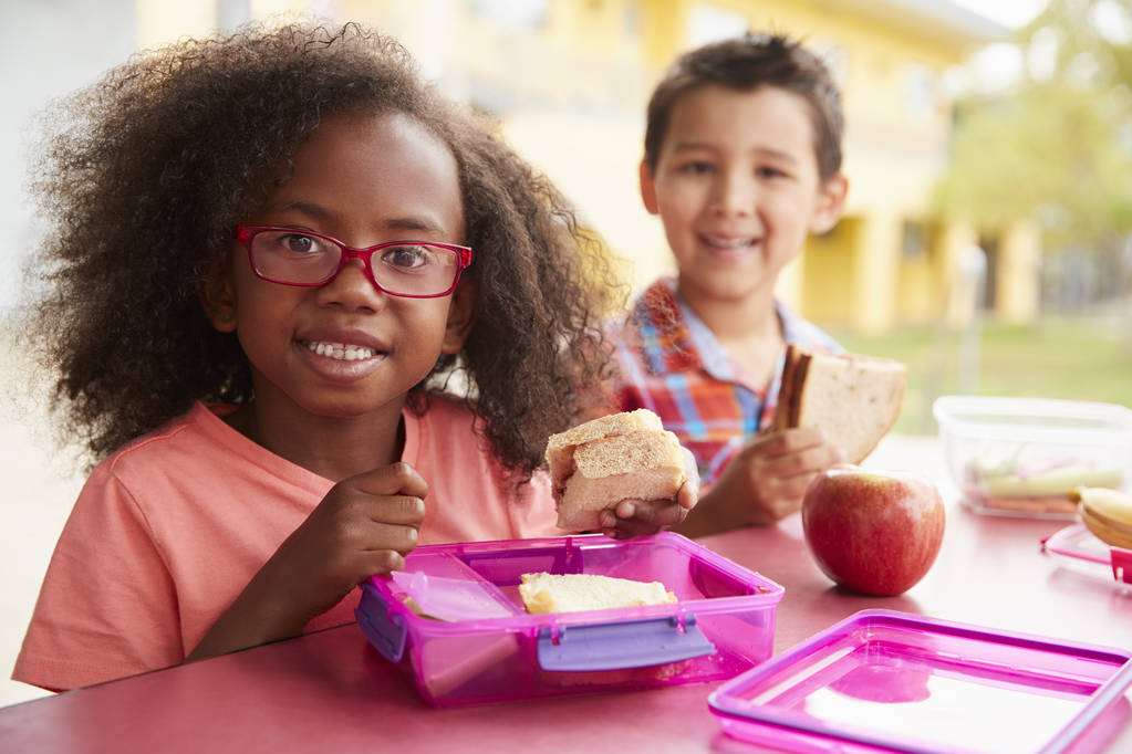 Due giovani scolari che mangiano insieme i loro pranzi al sacco
 - Foto, immagini