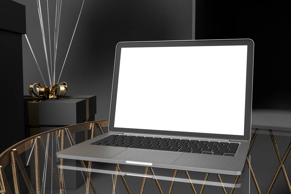 Vysmívat se laptop obrazovky stojící na kulaté skleněné konferenční stolek v černém pokoji s dárek v rohu. Koncept marketingu. 3D vykreslování - Fotografie, Obrázek