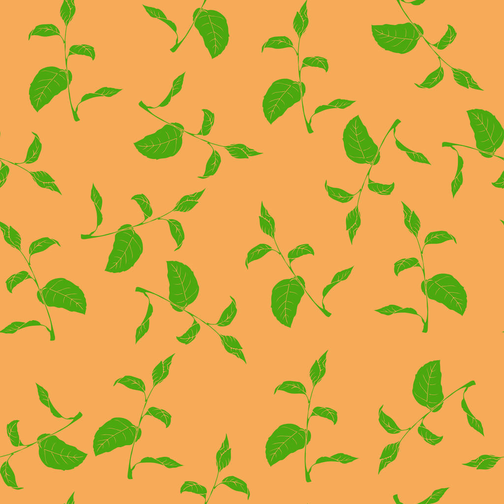 Seamless pattern with abstract green branches with leaves on yelow background. Hand drawn vector illustration.  - Vector, Image