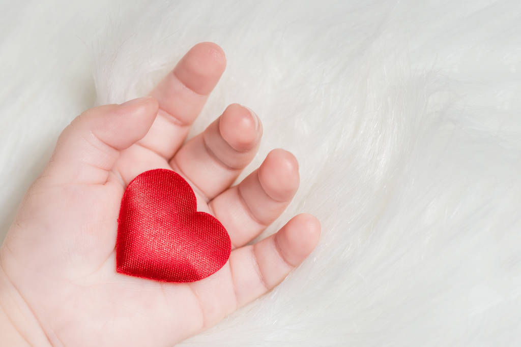 Červené srdce v ruce dítěte na pozadí bílé kožešiny - Fotografie, Obrázek