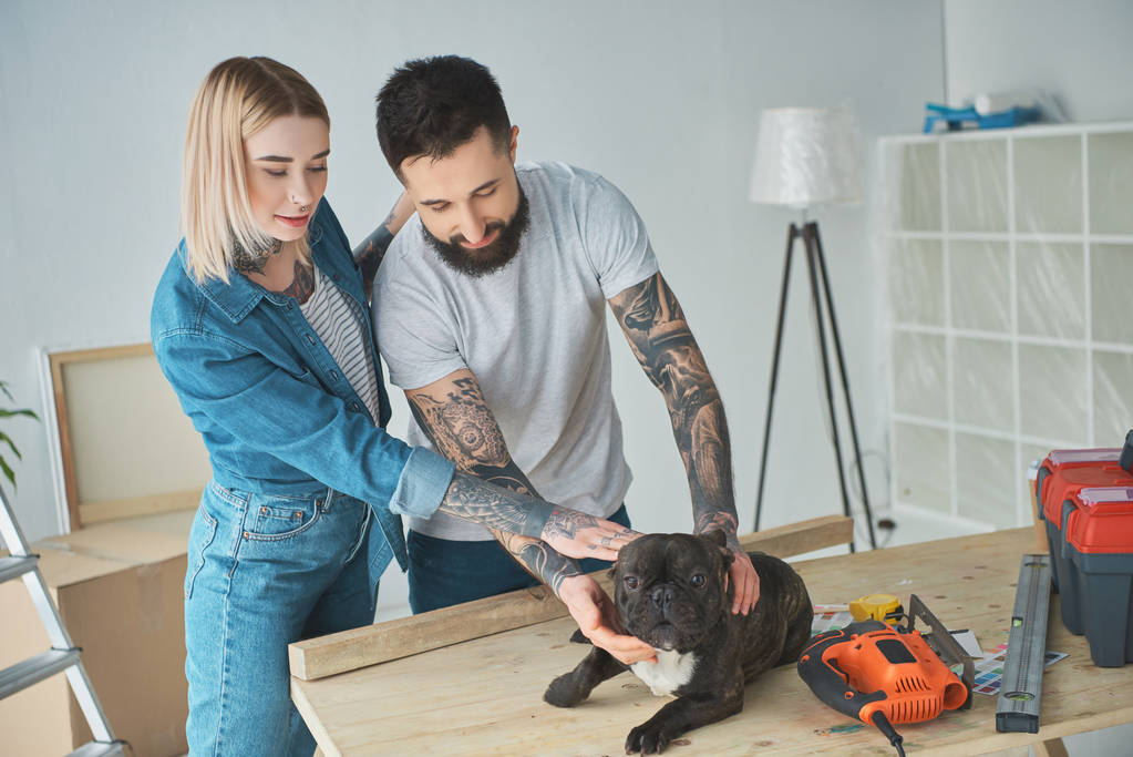 счастливая молодая пара играет с собакой во время ремонта дома
 - Фото, изображение