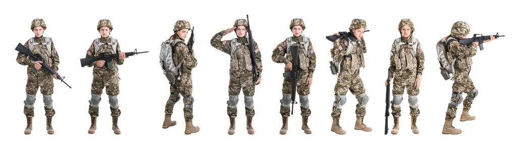 Conjunto com soldado fêmea no fundo branco. Serviço militar
 - Foto, Imagem