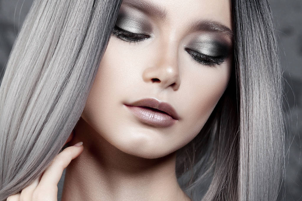 Young beautiful girl with silver make-up and ash hair. Beauty close-up portrait - Photo, Image