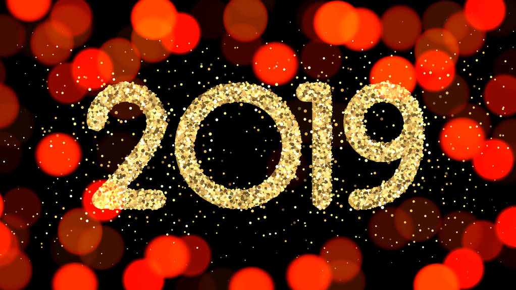 Panneau du Nouvel An 2019 brillant doré sur fond bokeh rouge. Carte vectorielle
. - Vecteur, image