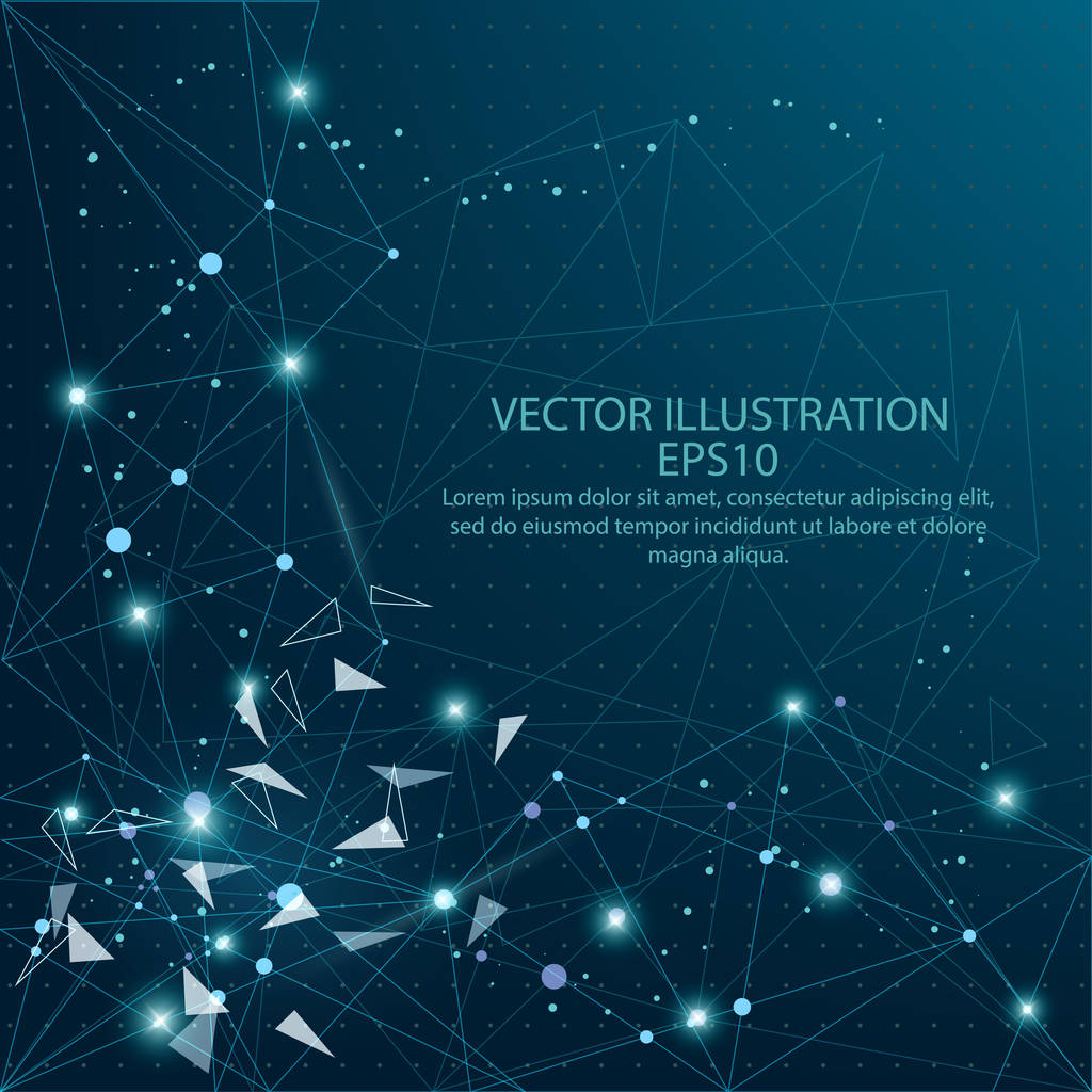 Abstract mesh digitally drawn starry sky. Broken scattered triangles on blue background. - Vector, Image