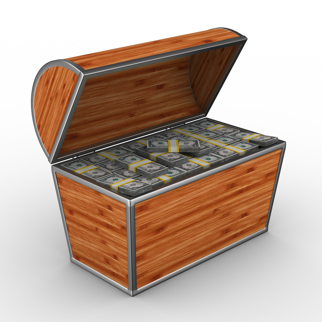Caja abierta con dólares en blanco
 - Foto, Imagen