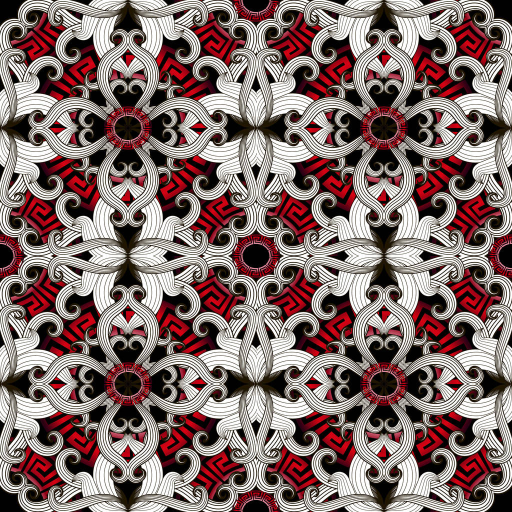Μοντέρνα ελληνική δημιουργική αφηρημένη 3d χωρίς ραφή πρότυπο. Διάνυσμα floral μαύρο άσπρο κόκκινο όμορφο φόντο. Περίτεχνα χέρι λουλούδια, στροβιλίζεται. Κόκκινο Ελληνικό κλειδί ελίσσεται κύκλους, γεωμετρικά σχήματα - Διάνυσμα, εικόνα