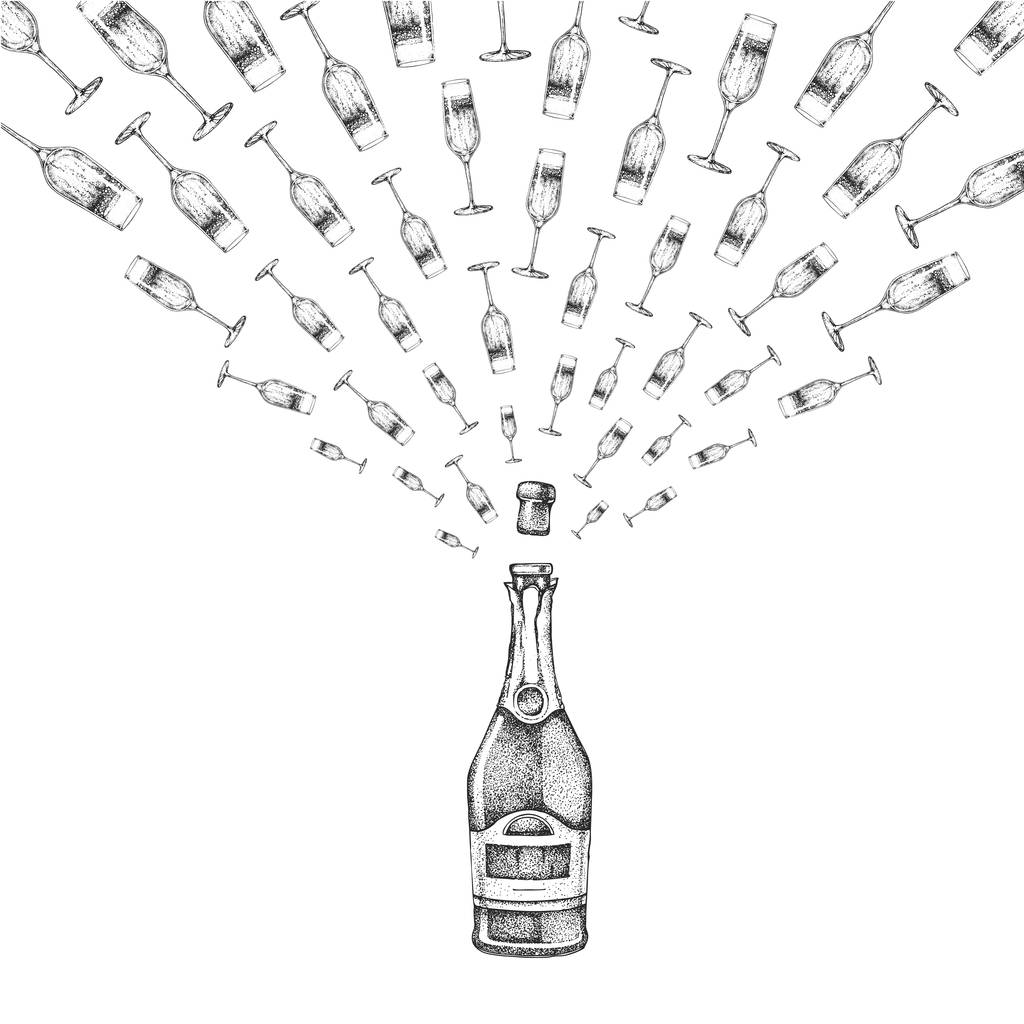 Ilustração vetorial de desenho à mão garrafa de champanhe com respingo
 - Vetor, Imagem