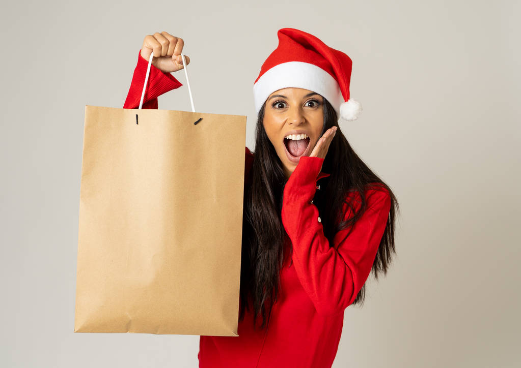 Молодая женщина готова к Рождеству с бумажными пакетами для покупок в красном и шляпе Санта-Клауса изолированный серый фон в том, чтобы быть готовым к празднованию рождественских подарков Потребительство и концепция продаж
. - Фото, изображение