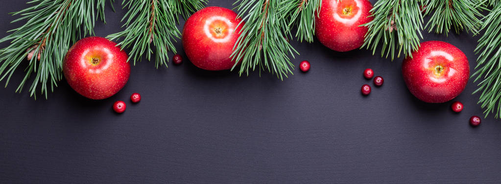 木の枝、赤いリンゴとクランベリーとクリスマスの背景。暗い木製のテーブル。最上階だ。スペースのコピー - 写真・画像