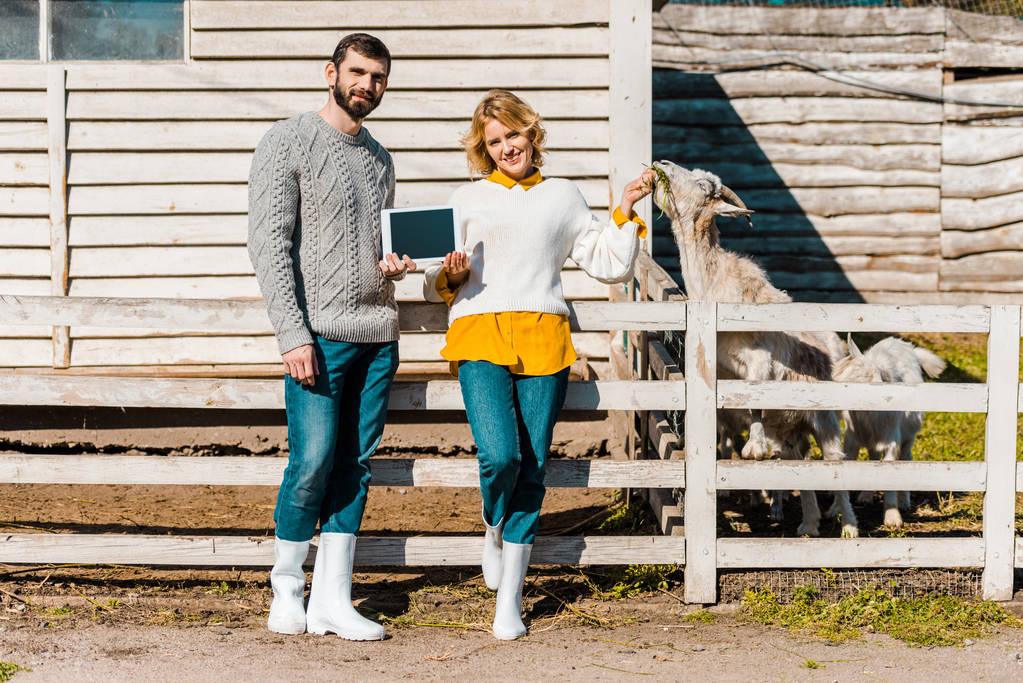 man showing digital tablet with girlfriend while she feeding goat at farm - Photo, Image