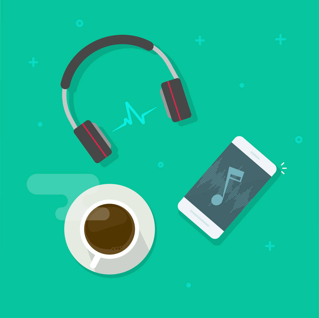 Teléfono móvil reproducción de música a través de auriculares inalámbricos ilustración vectorial, musa o podcast escuchar a través de auriculares para teléfonos inteligentes y taza de café en la mesa vista superior del escritorio, concepto de relax, entretenimiento
 - Vector, Imagen