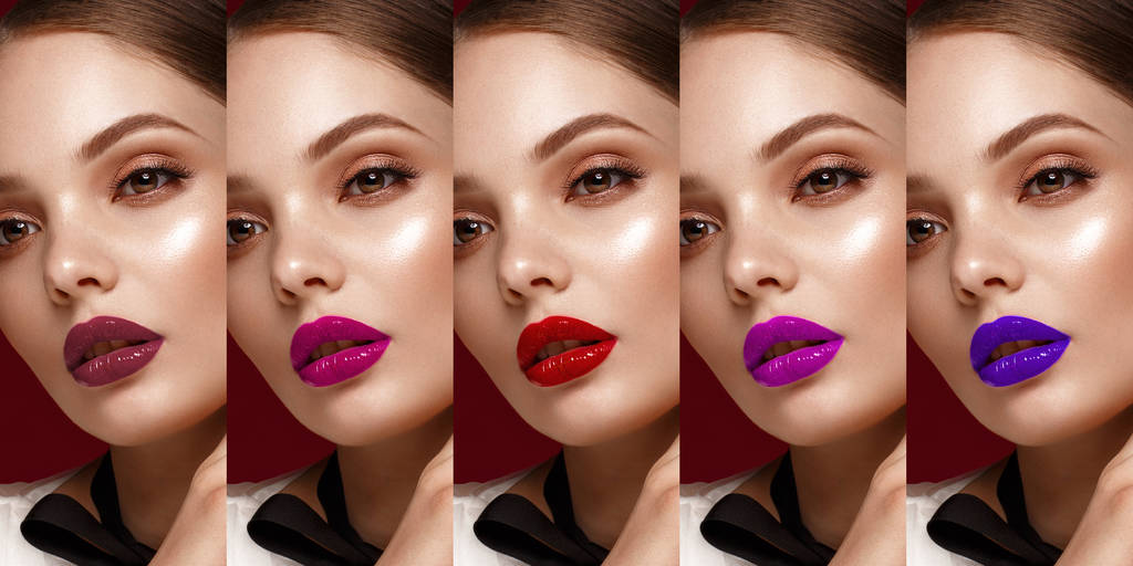 Colección: ojos y labios rojos, tonos púrpura. La paleta de pintalabios. Primer plano
 - Foto, imagen