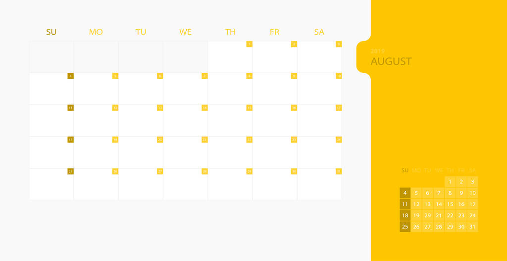 8 月月の 2019年単純なプランナーのカレンダー デザイン テンプレート、週は日曜日に始まり。ロゴの会社のための場所を持つ印刷テンプレートを設計します。フラット ベクトル図 Eps10. - ベクター画像