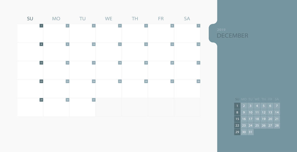 Szablon projektu kalendarza 2019 proste planner dla miesiąca grudnia, tydzień rozpoczyna się w niedzielę. Projekt szablonu wydruku z miejscem na logo firmy. Ilustracja wektorowa płaski Eps10. - Wektor, obraz