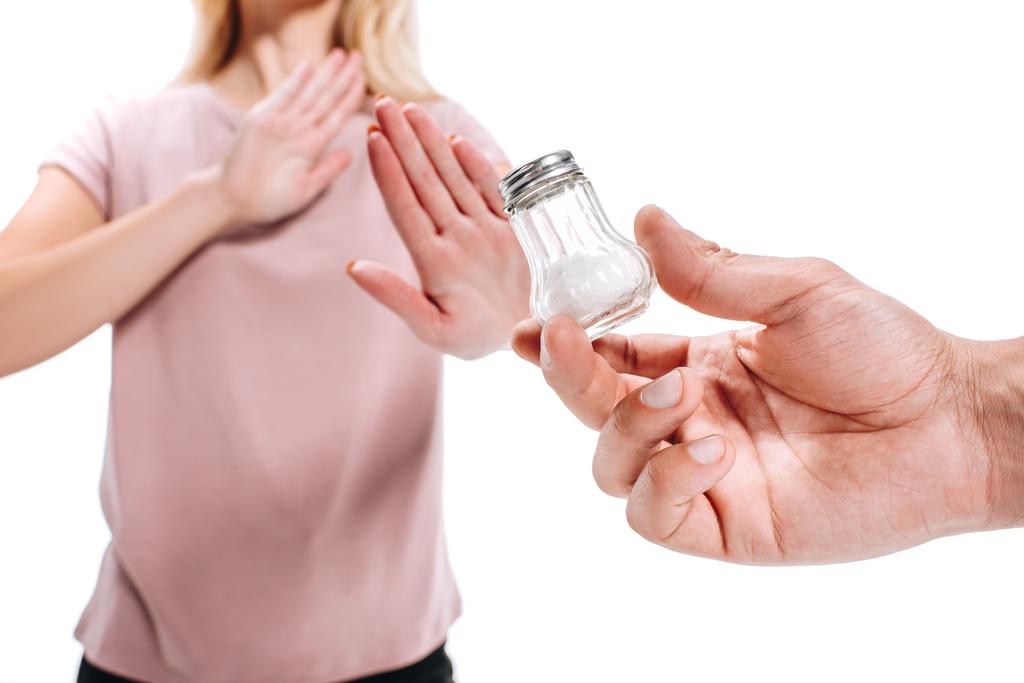 cropped image of woman rejecting unhealthy salt isolated on white - Photo, Image