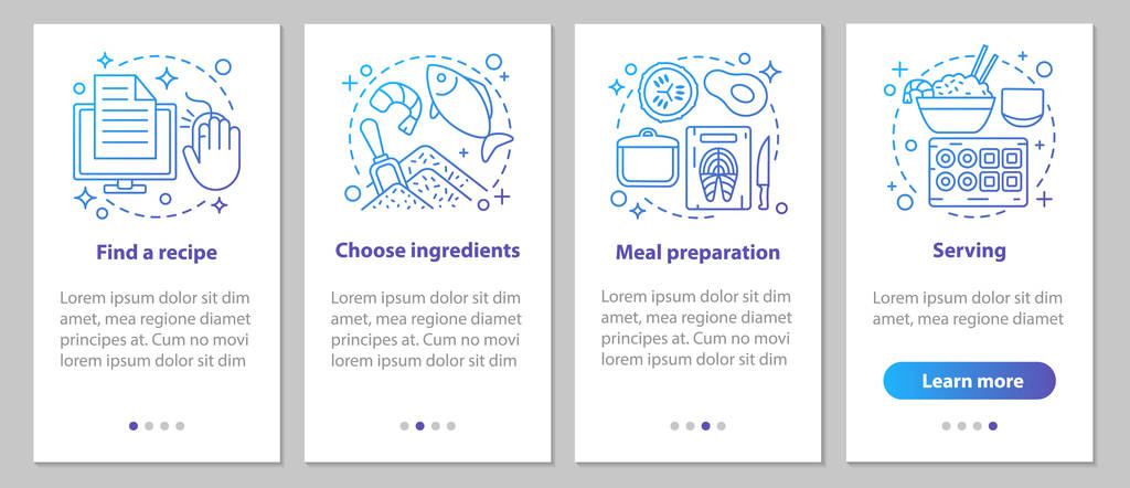 Schermata della pagina dell'app mobile di catering onboarding con concetti lineari. La scelta di ricette, ingredienti, preparazione del cibo, che servono istruzioni grafiche passi. Modello vettoriale UX, UI, GUI con illustrazioni
 - Vettoriali, immagini