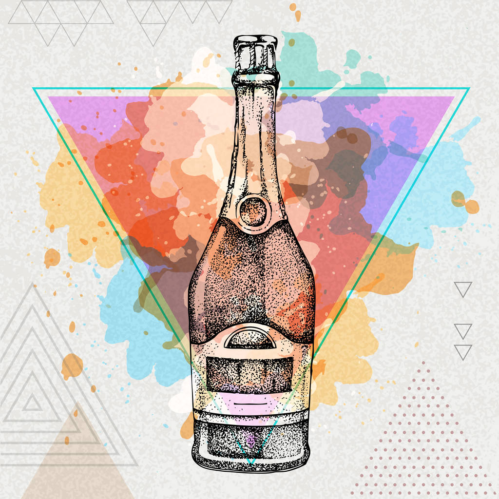 Hand drawing champagne bottle illustration on artistic polygon watercolor background - Vector, Image