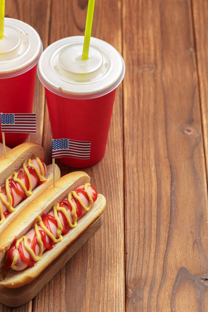 close up of Hot dogs on wooden background - Photo, Image
