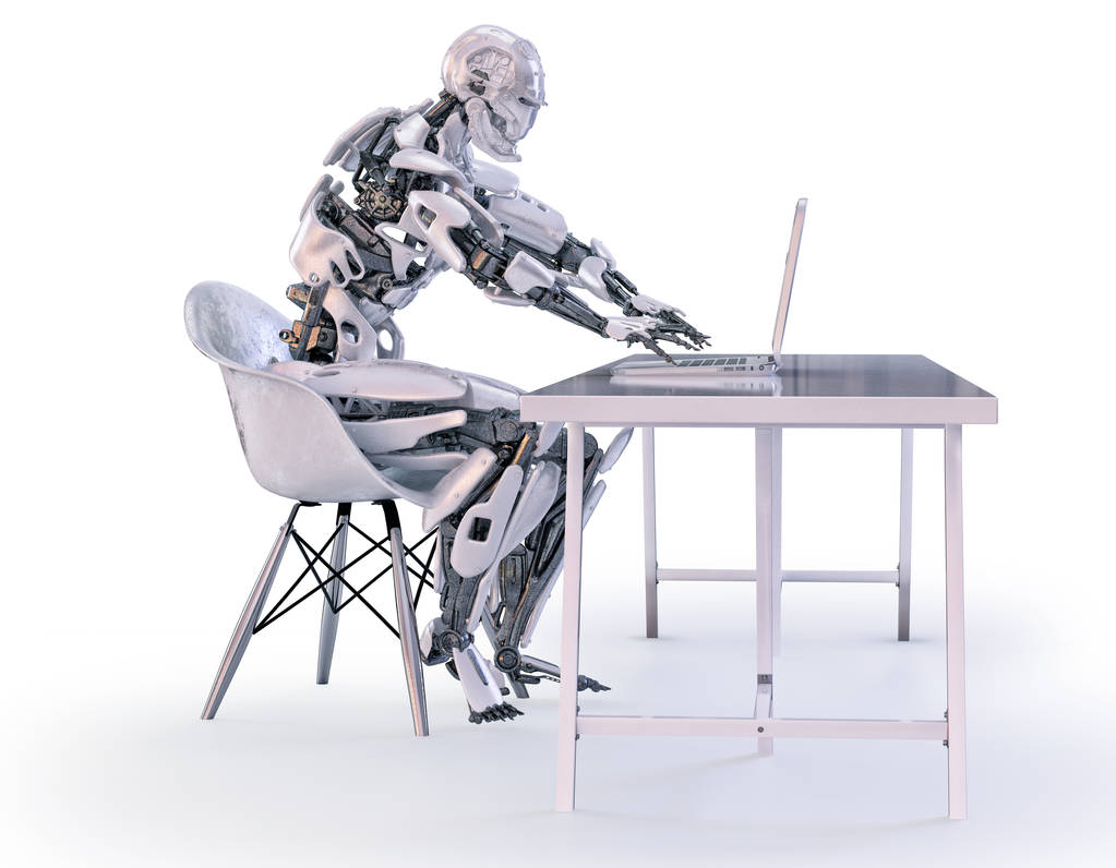 ロボットは、職場のラップトップに入力します。アンドロイド、ヒューマノイドやサイボーグの人工知能技術コンセプト。3 d イラストレーション - 写真・画像