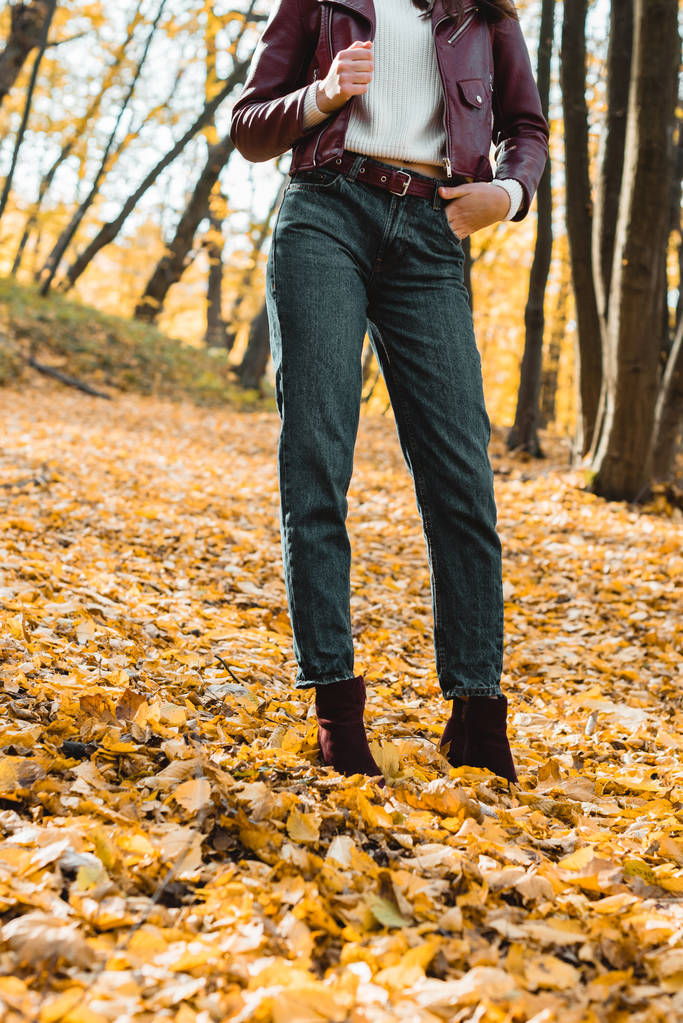 image recadrée de femme à la mode en jeans et veste en cuir posant dans le parc automnal
 - Photo, image