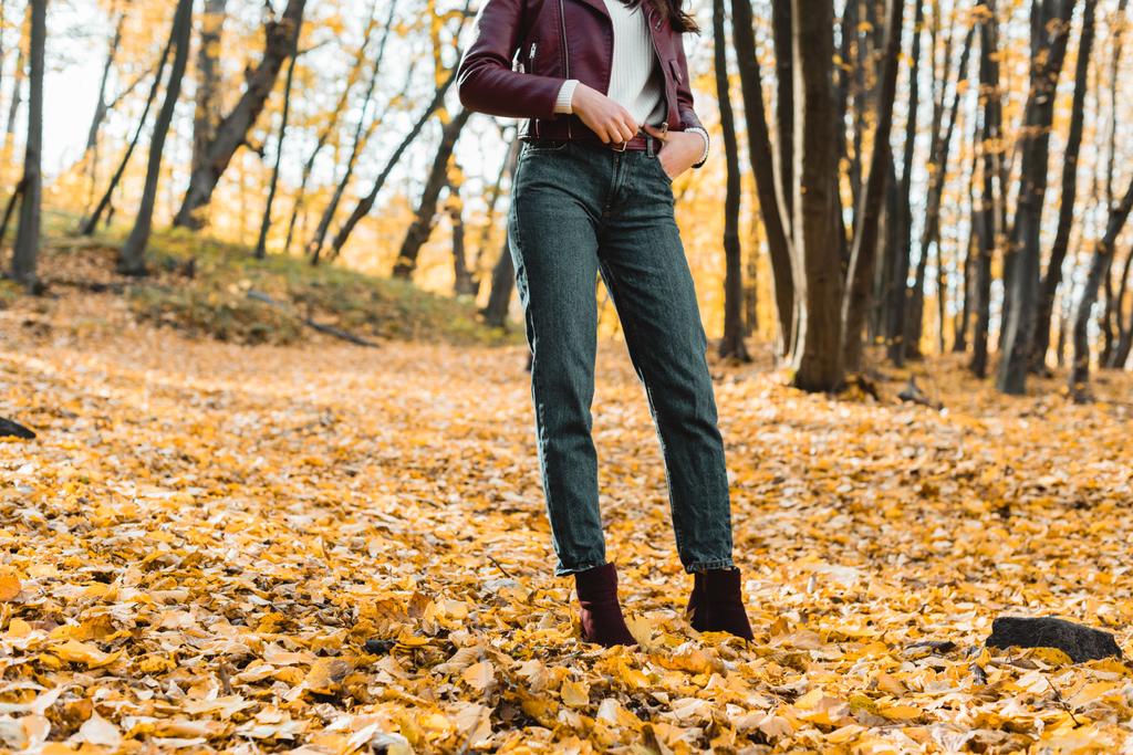 Oříznout obrázek elegantní ženy v džínách a koženou bundu pózuje v podzimní les  - Fotografie, Obrázek