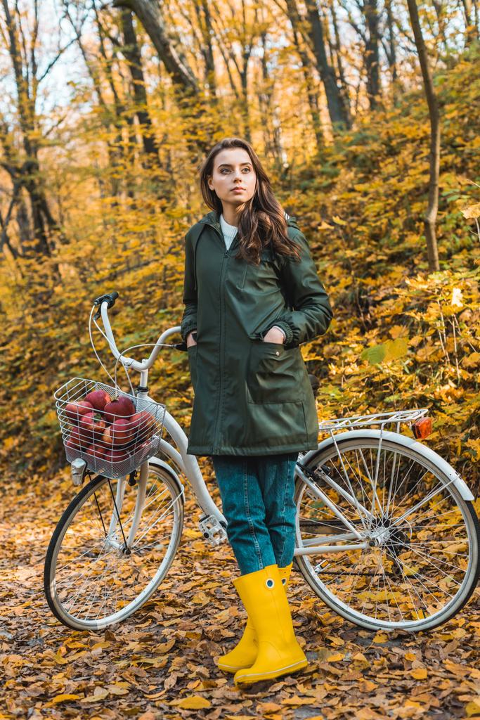 уверенная молодая женщина, стоящая рядом с велосипедом с корзиной, полной яблок в осеннем лесу
 - Фото, изображение