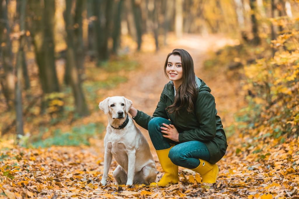 селективное внимание девушки, регулирующей собачий ошейник на золотистого ретривера, сидя на листовой дорожке в осеннем лесу
  - Фото, изображение