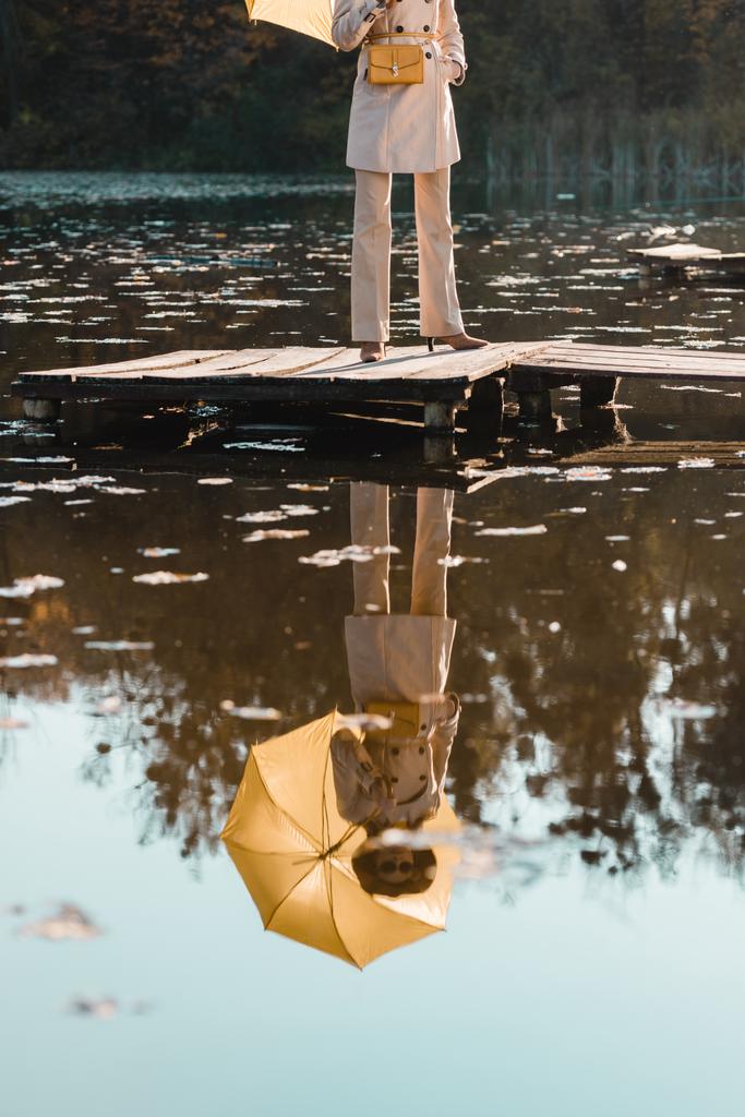 visão parcial da mulher elegante e sua reflexão na água da lagoa no parque
  - Foto, Imagem