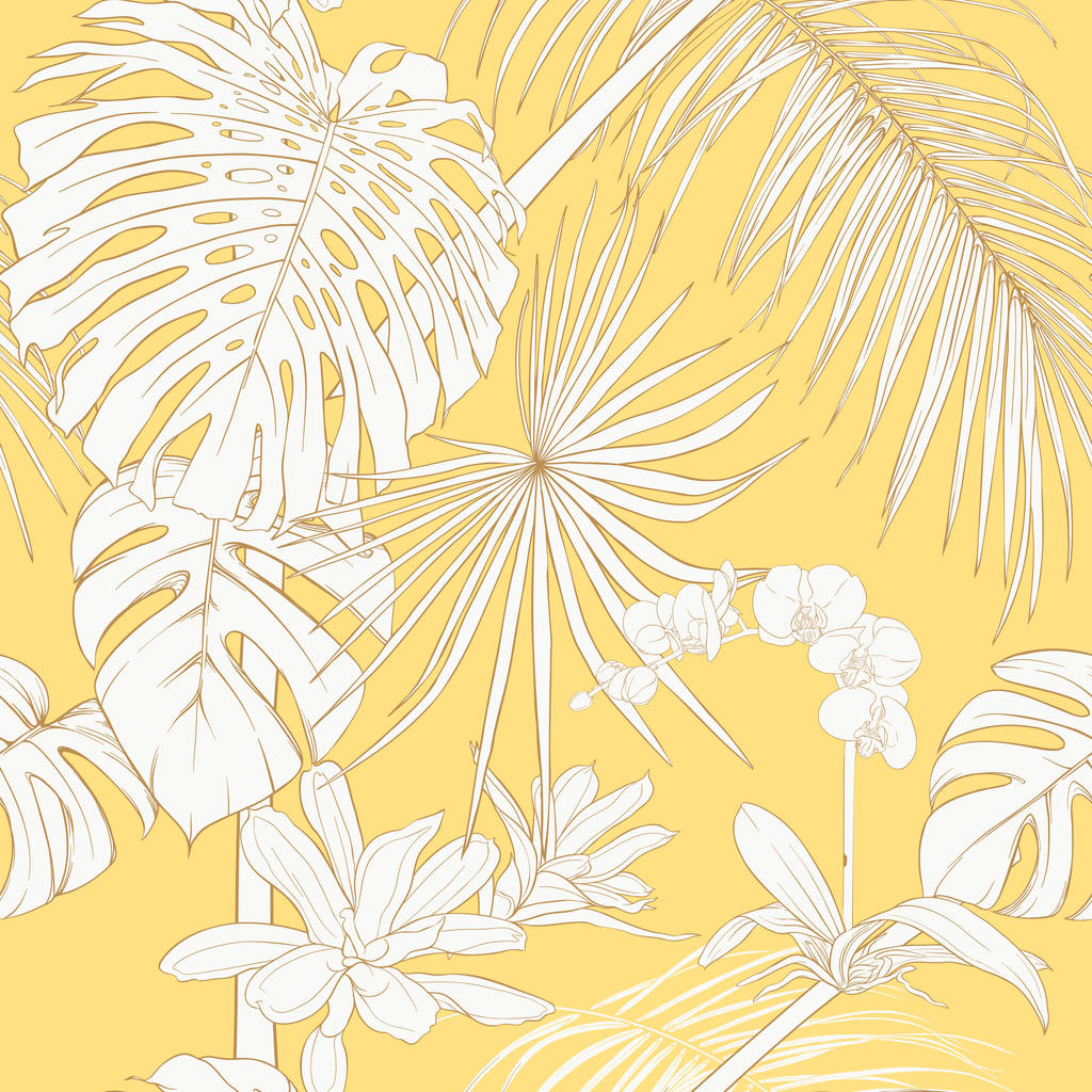 Plantas tropicales y flores de orquídea blanca. Patrón sin costuras, fondo. Esquema dibujo vector ilustración. Sobre fondo amarillo suave
. - Vector, imagen