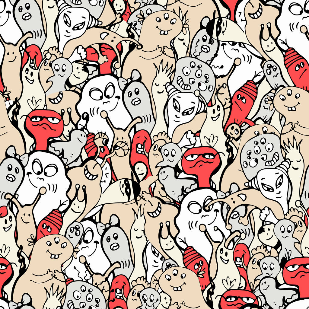 Cartoon monsters seamless pattern, hand draw doodle vector illustration. Repeatable pattern with cute monster, light vintage colors. Kids cartooning monster faces, endless background - Vector, Image