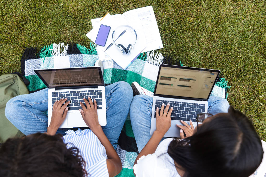 Top näkymä kaksi nuorta tyttöä opiskelijaa istuu nurmikolla kampuksella, opiskelu kannettavan tietokoneen
 - Valokuva, kuva