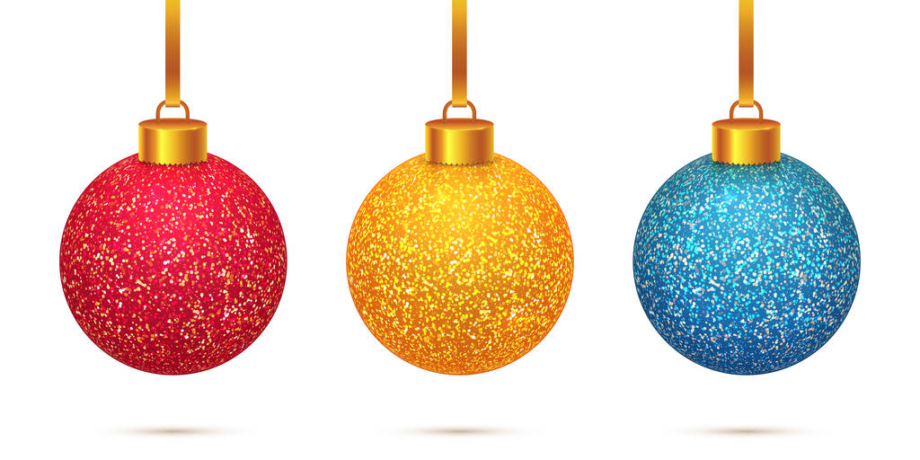 Set vettoriale di 3 colorati giocattoli natalizi scintillanti e lucenti isolati su sfondo bianco. Belle sfere di cristallo rosso, oro e blu di Natale con decorazioni effetto neve glassata
. - Vettoriali, immagini