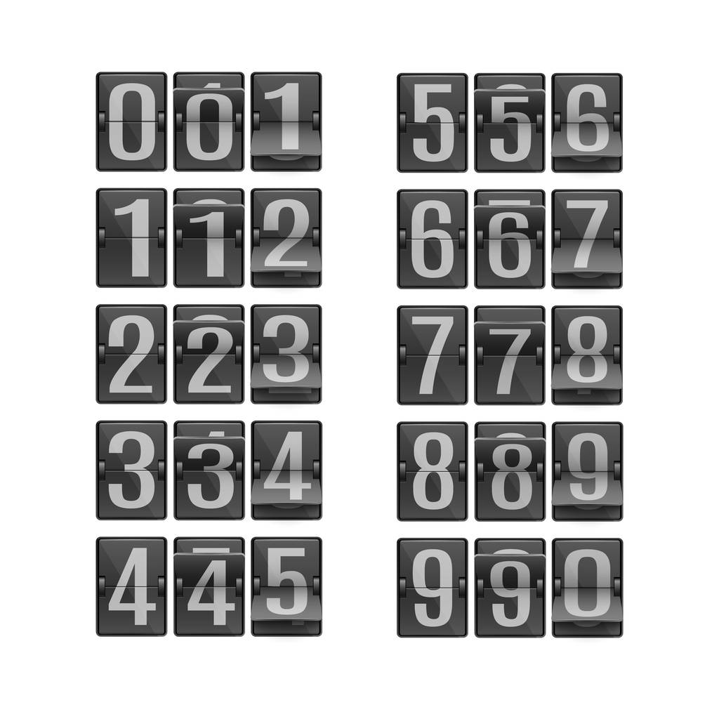 Vektorillustration Ziffernsatz auf schwarzem mechanischem Flip-Stundenplan in verschiedenen Positionen. - Vektor, Bild