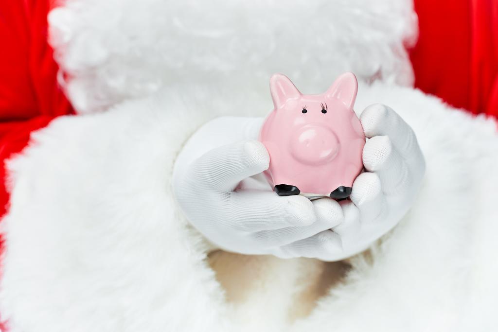 Обрезанный вид Санта-Клауса, держащего свинью в банке
   - Фото, изображение