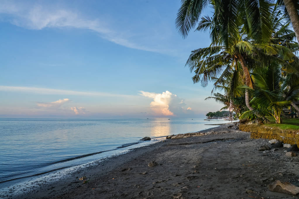 Hermoso paisaje marino tropical con palmeras al amanecer en Bali
 - Foto, Imagen